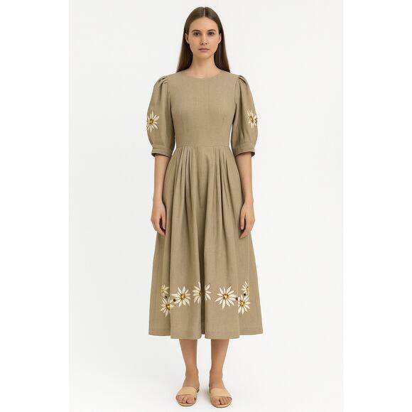 Retro Linen Midi Dress with Floral Appliqué and Puff Sleeve Detail Medium - Picture 1 of 16